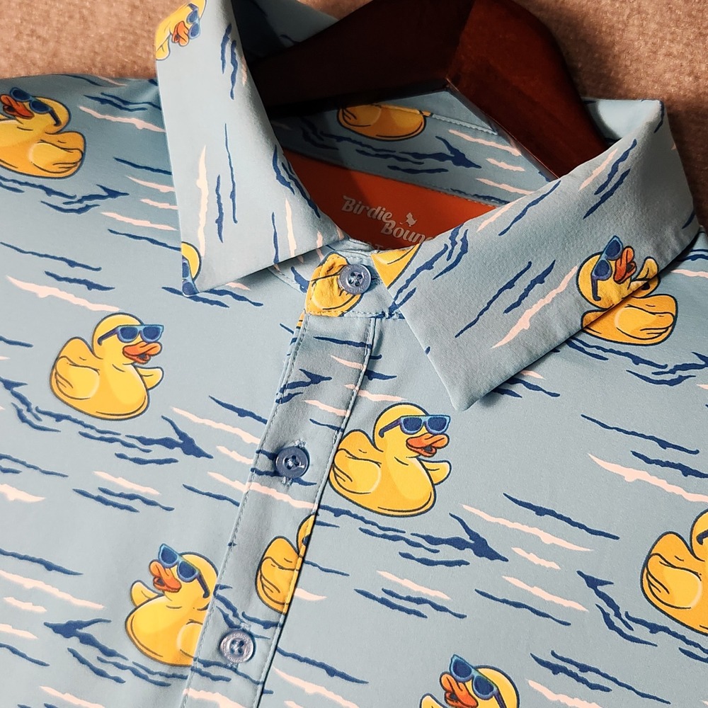 Birdie Bound Polo Shirt Men 3XL Blue Yellow Rubber Duck glasses Golf Performance